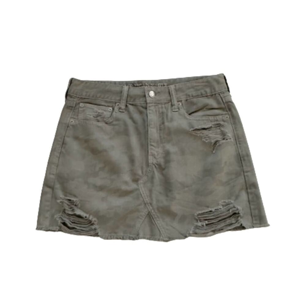 American Eagle Denim Jean Skirt Green Festival Camo Distressed Mini Size 6 NWOT